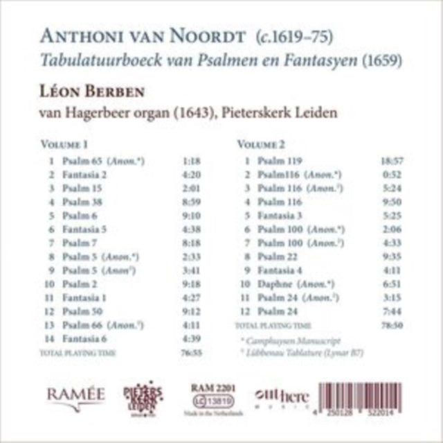 Anthoni Van Noordt: Tabulatuurboeck Van Psalmen En Fantasyen