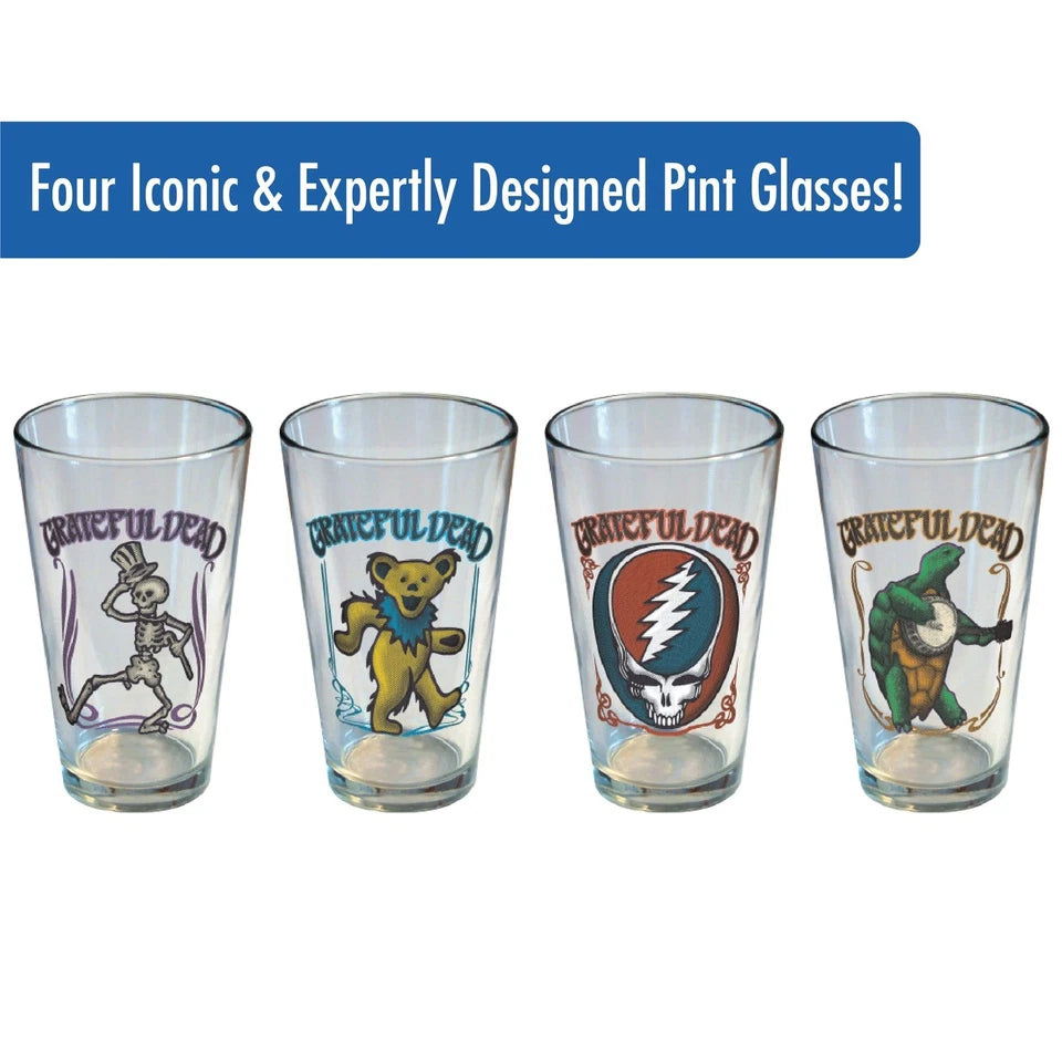 Grateful Dead Retro Pint Glasses 4 Pack 16 Oz (Terrapin. Stealie. Bear. Skeleton)