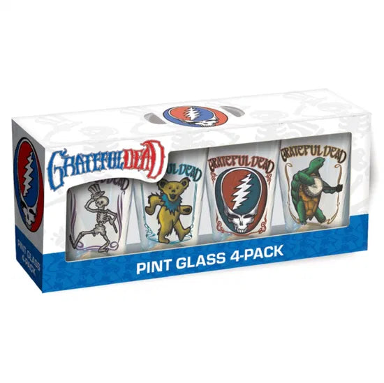 Grateful Dead Retro Pint Glasses 4 Pack 16 Oz (Terrapin. Stealie. Bear. Skeleton)