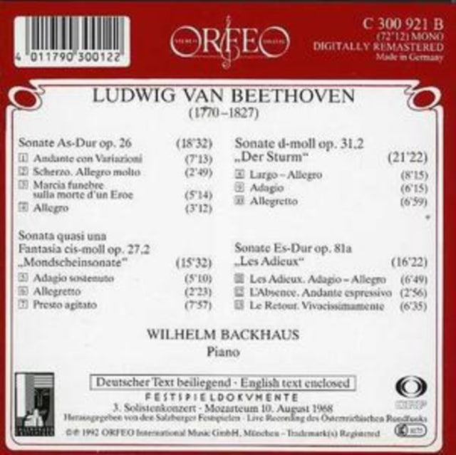 Piano Sonatas Op. 26, 27/2 (Backhaus)