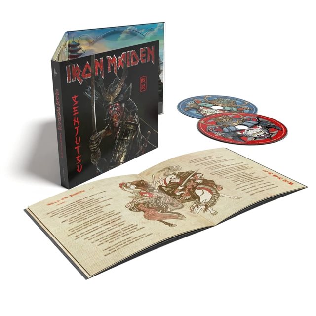 Iron Maiden album 'Senjutsu' with a CD, vinyl record, and booklet, featuring artwork with a warrior character and Japanese text.
