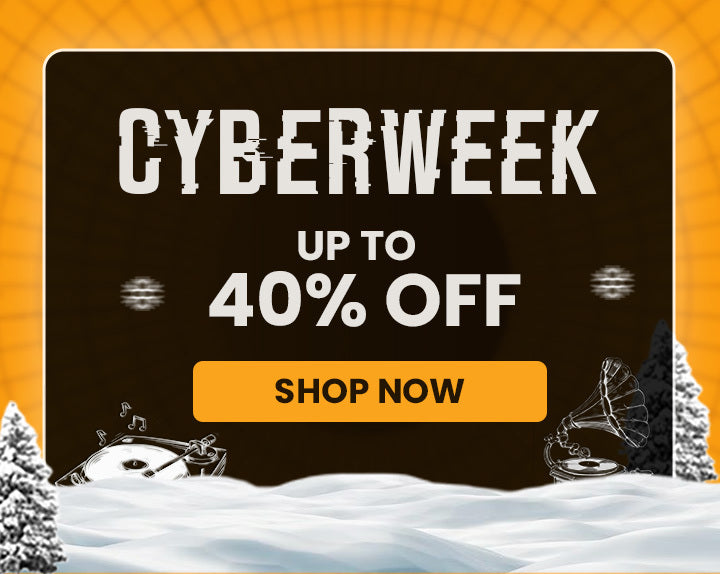 Cyber Week banner with vintage turntable and gramophone – Vinyl Castle holiday vinyl sale