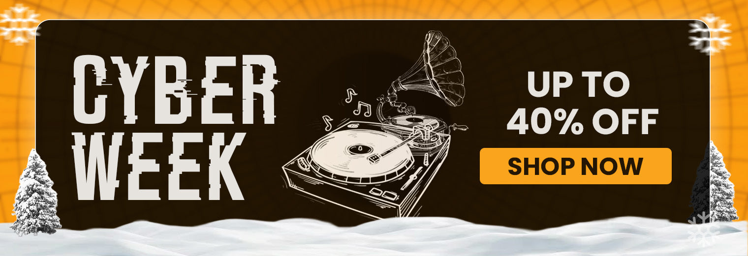 Cyber Week banner with vintage turntable and gramophone – Vinyl Castle holiday vinyl sale