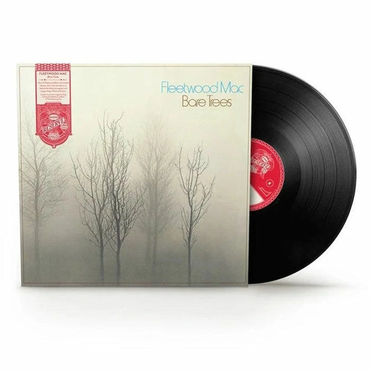 Vinyl record with a cover featuring trees and 'Fleetwood Mac' Bare Trees branding on a white background