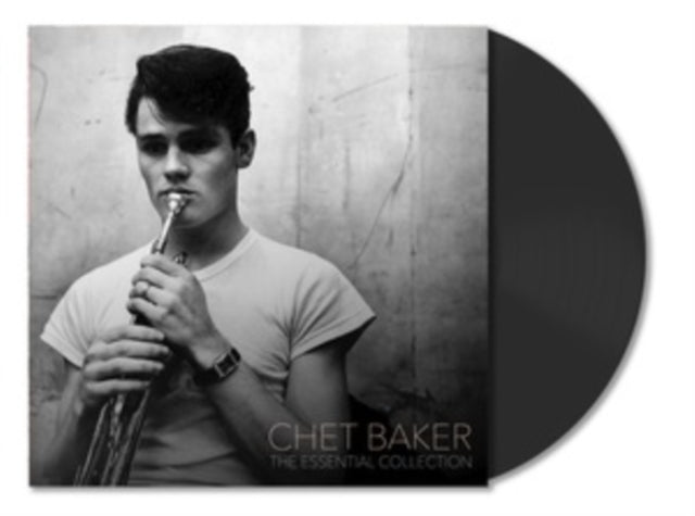 Vinyl record cover with a black and white photo of a man playing a flute, featuring the text 'Chet Baker The Essential Collection'.