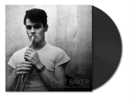 Vinyl record cover with a black and white photo of a man playing a flute, featuring the text 'Chet Baker The Essential Collection'.