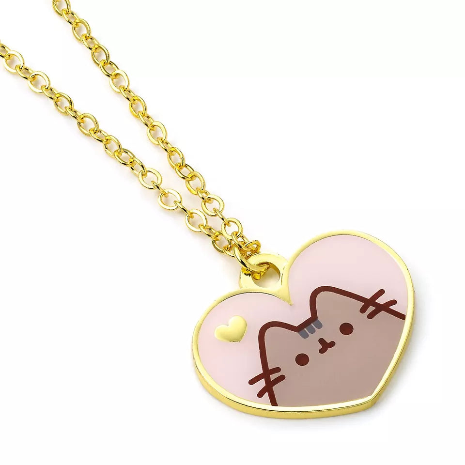 Pusheen The Cat Pink Enamel And Gold Heart Necklace